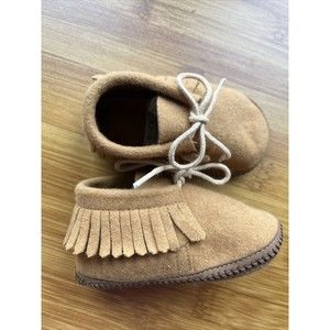 Vintage First Steps Baby Moccasins Shoes 3-6 months size 2 Brown Fringe